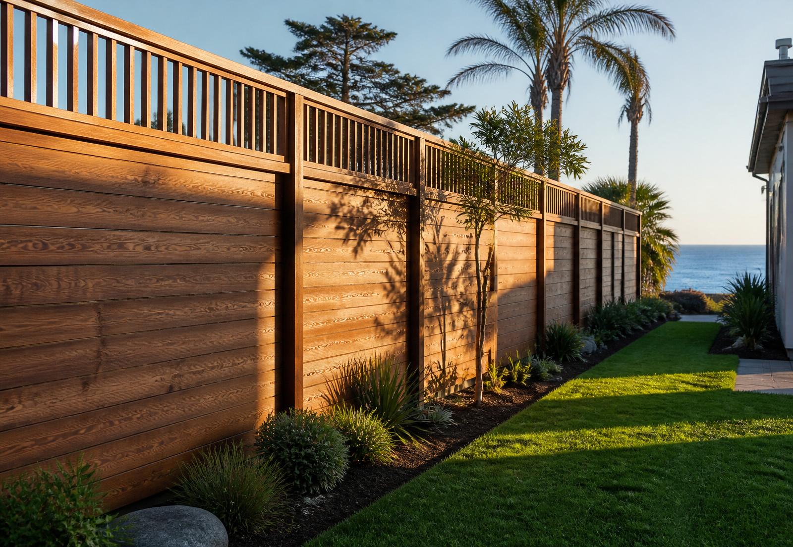 Custom cedar wood fence in a coastal backyard